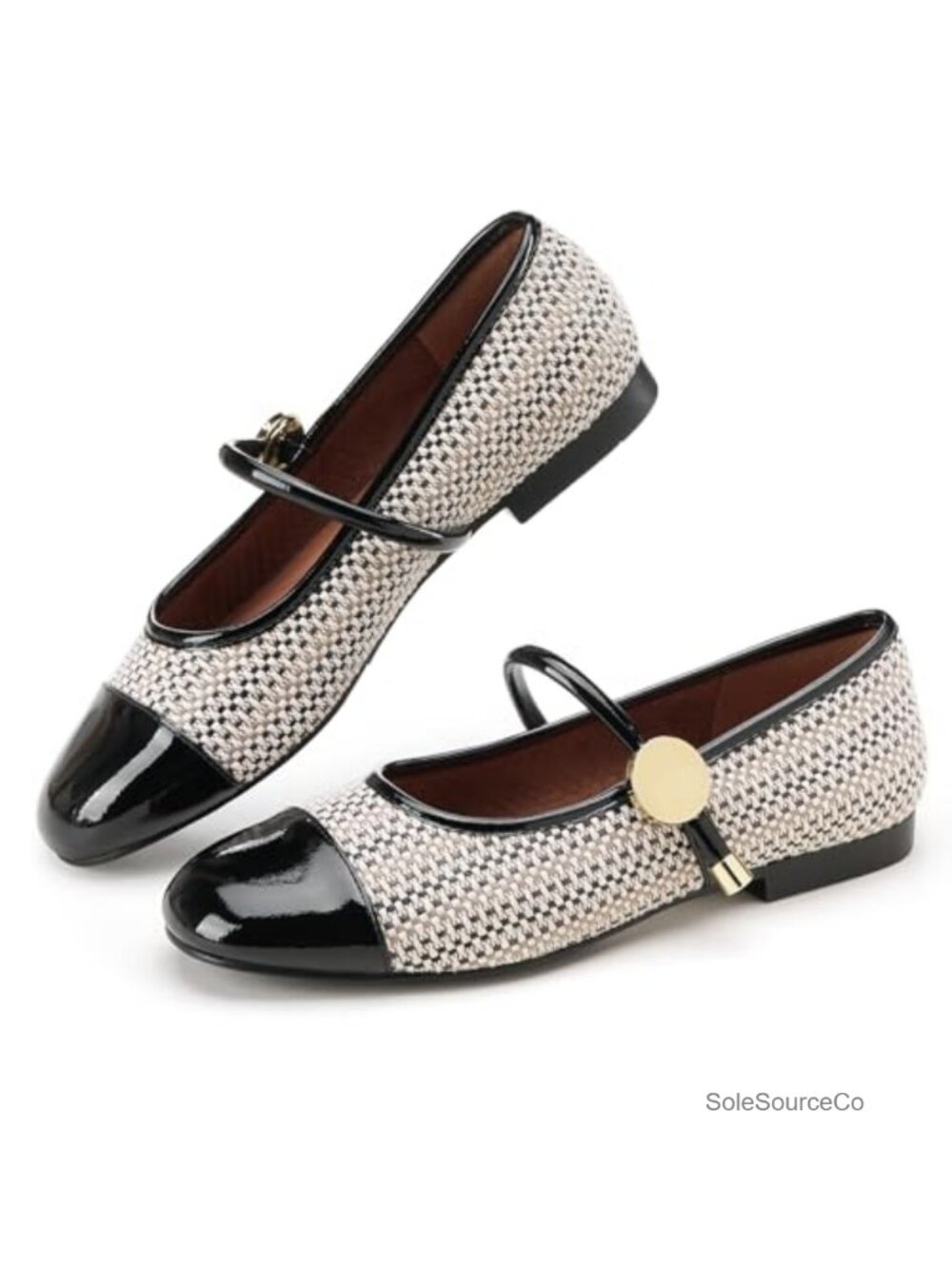 Mary Jane Flats Tweed Woven Ballet Flat Cap Toe Ankle Strap Slip On Dressy